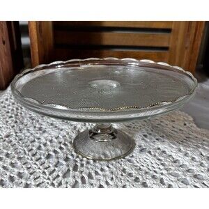 Vintage Jeanette Harp Etched Glass Scalloped Pedestal Cake Stand Plate Gold Trim